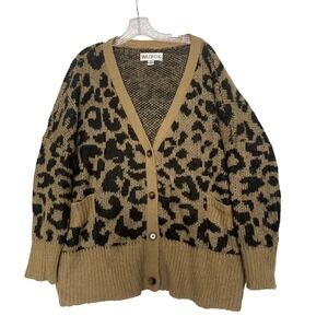 Wildfox Leopard Print Oversized Slouchy Cardigan Sweater Tan Black Pockets M‎